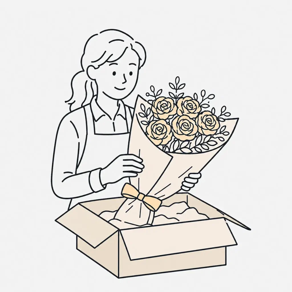 スタッフがバラのブーケを配送用の箱に入れている様子を表したイラスト