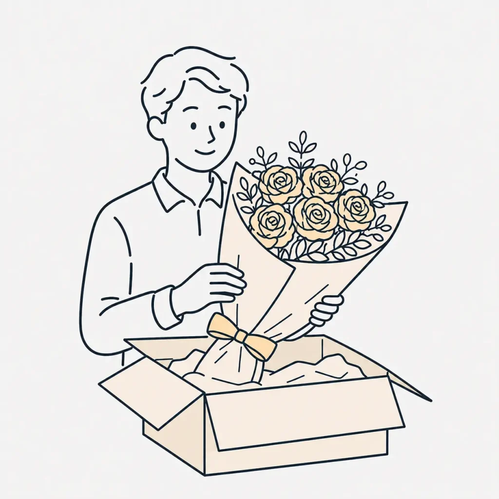 注文者の男性が届いたバラのブーケを段ボール箱から取り出しているイラスト