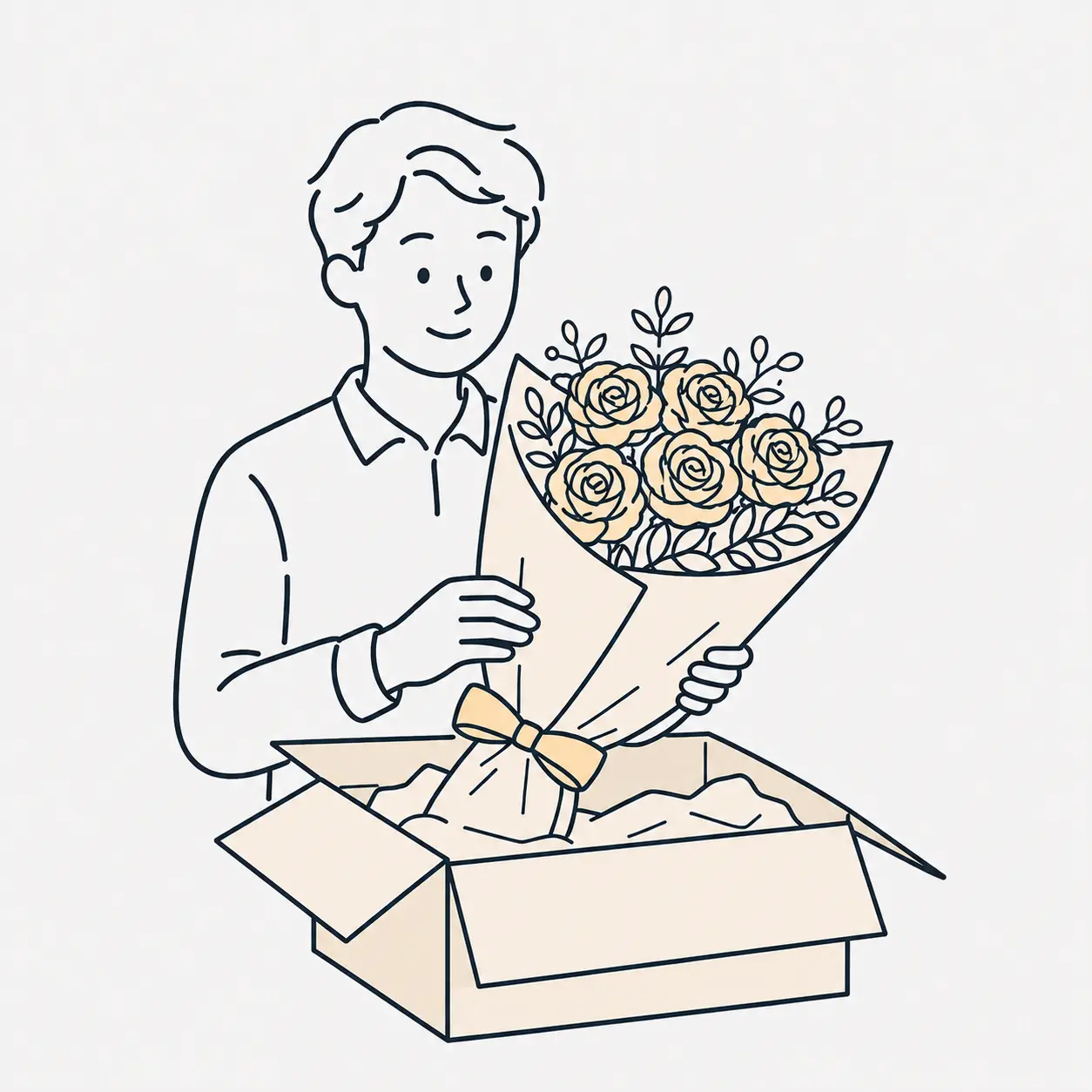 注文者の男性が届いたバラのブーケを段ボール箱から取り出しているイラスト