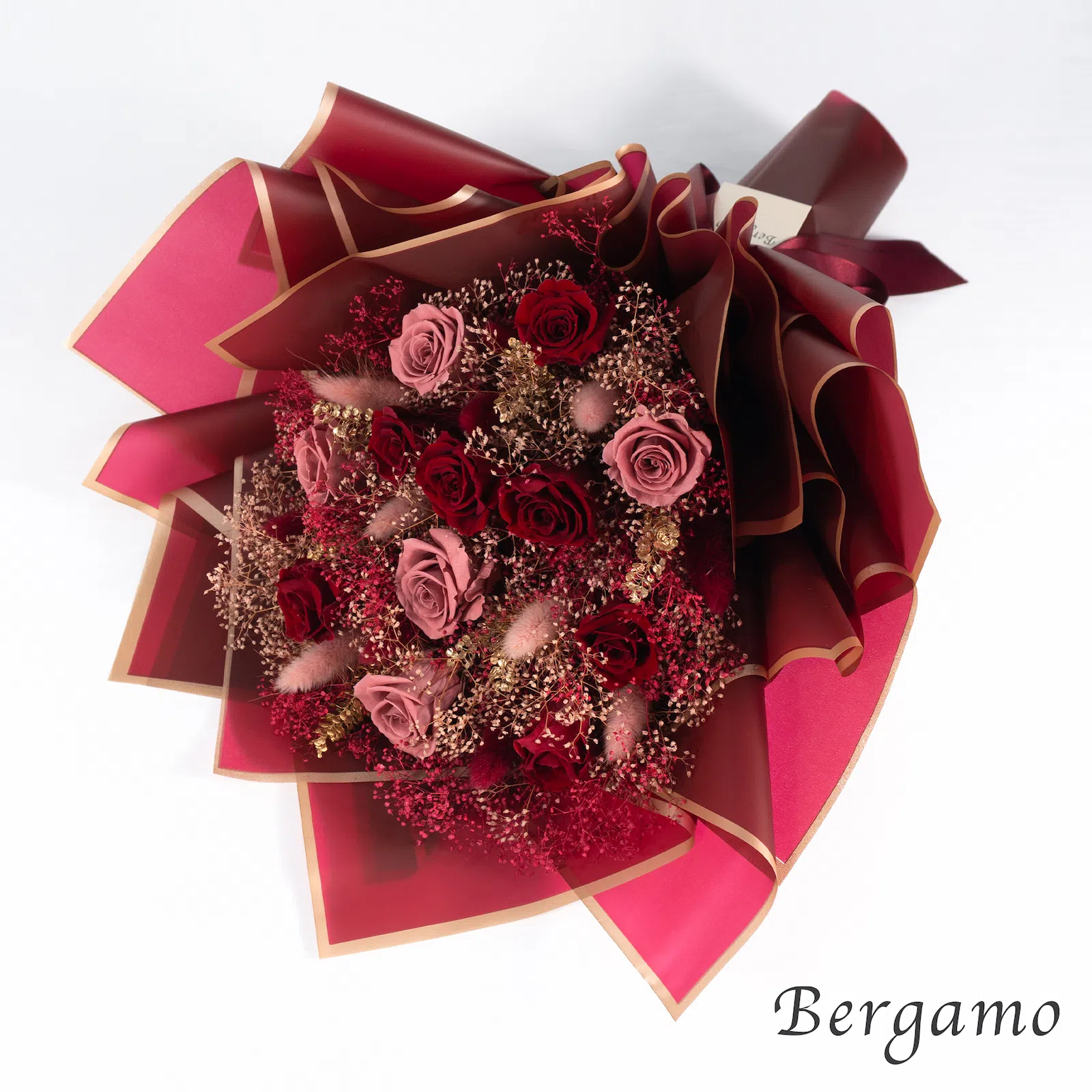 Rosé｜赤とくすみピンクの華やかなプロポーズブーケ｜Bergamo