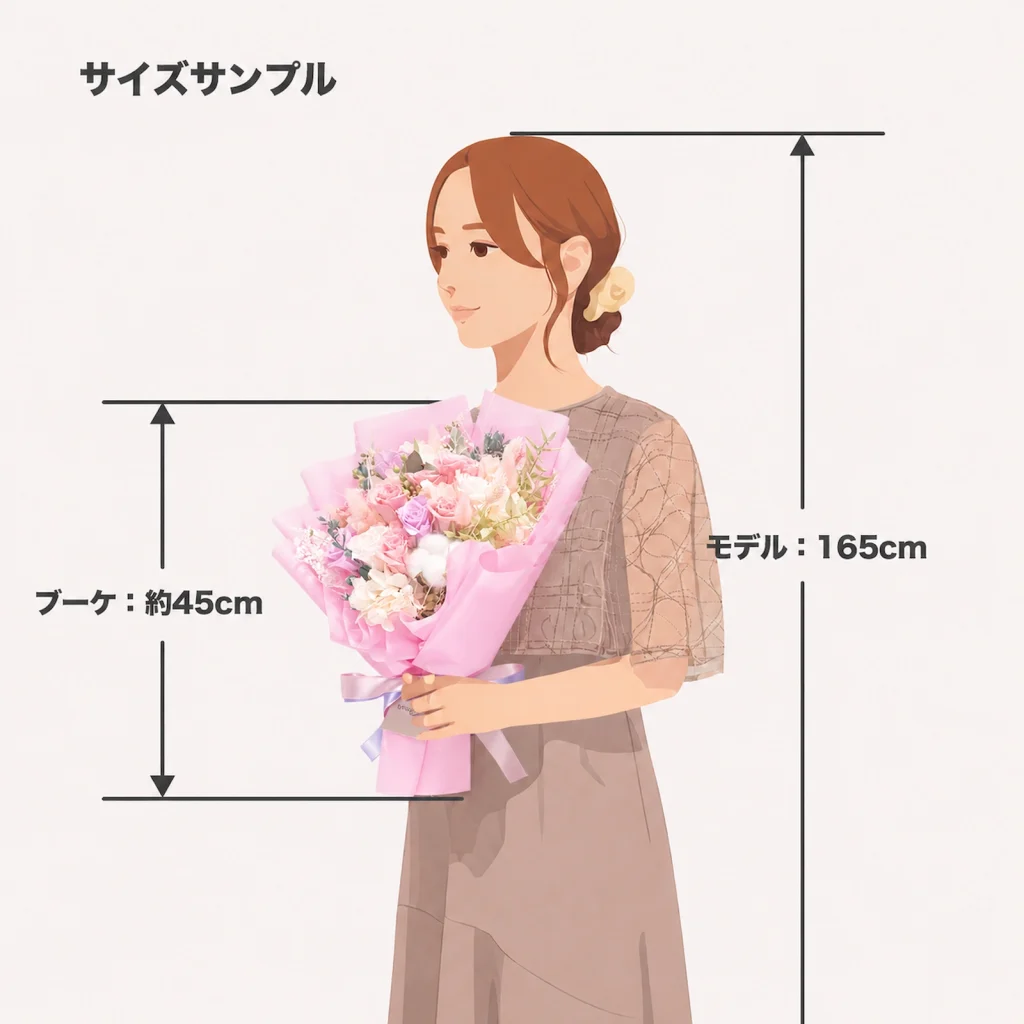 身長165cmの女性が縦約50cmのブロッサムのプロポーズブーケを持つサイズ比較イラスト