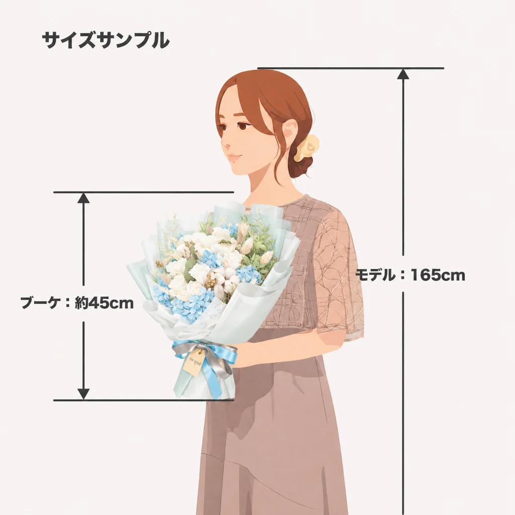 身長165cmの女性が縦約50cmのフロストのプロポーズブーケを持つサイズ比較イラスト
