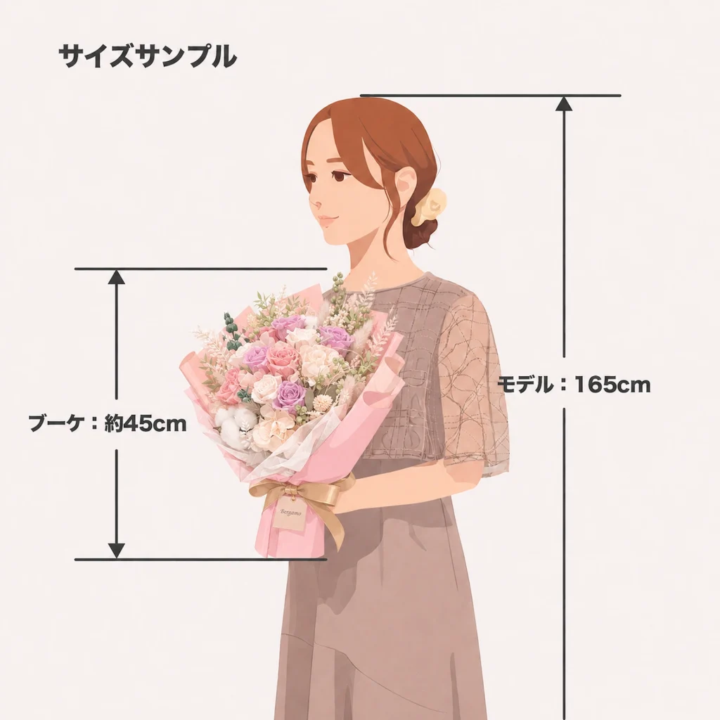 身長165cmの女性が縦約50cmのパステルのプロポーズブーケを持つサイズ比較イラスト