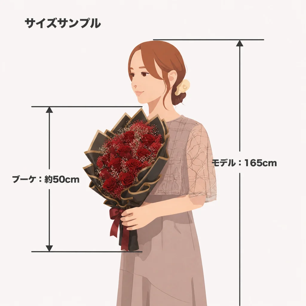 身長165cmの女性が縦約50cmのクリムゾンのプロポーズブーケを持つサイズ比較イラスト