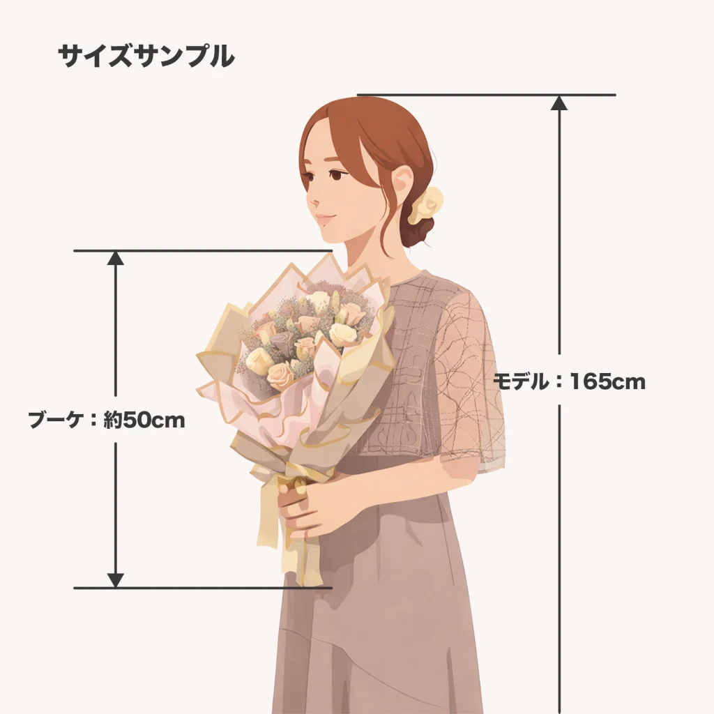 身長165cmの女性が縦約50cmのヘーゼルのプロポーズブーケを持つサイズ比較イラスト
