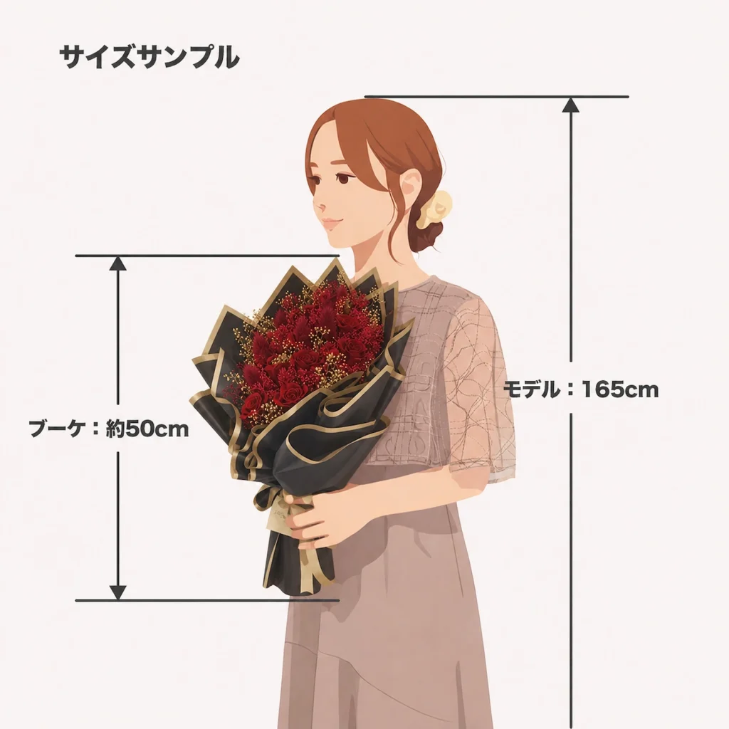 身長165cmの女性が縦約50cmのレガリアのプロポーズブーケを持つサイズ比較イラスト