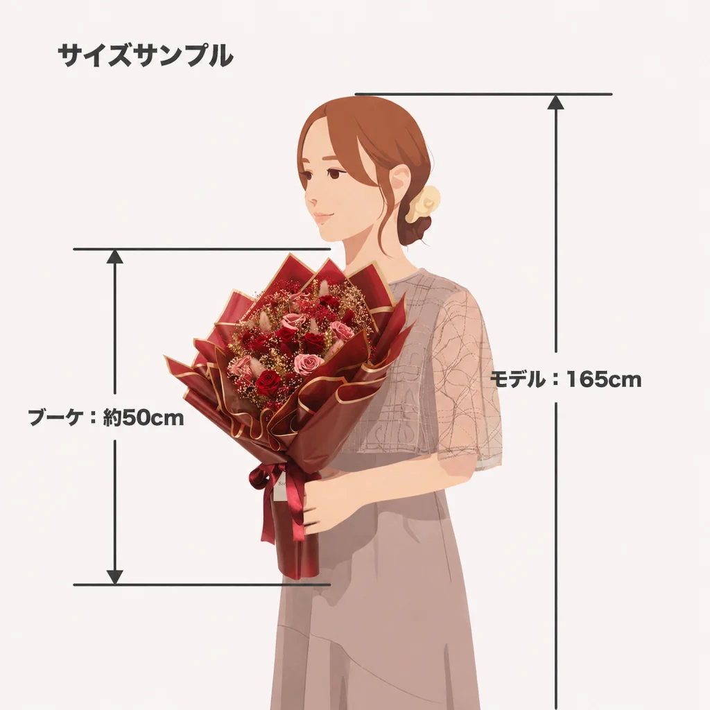 身長165cmの女性が縦約50cmのロゼのプロポーズブーケを持つサイズ比較イラスト