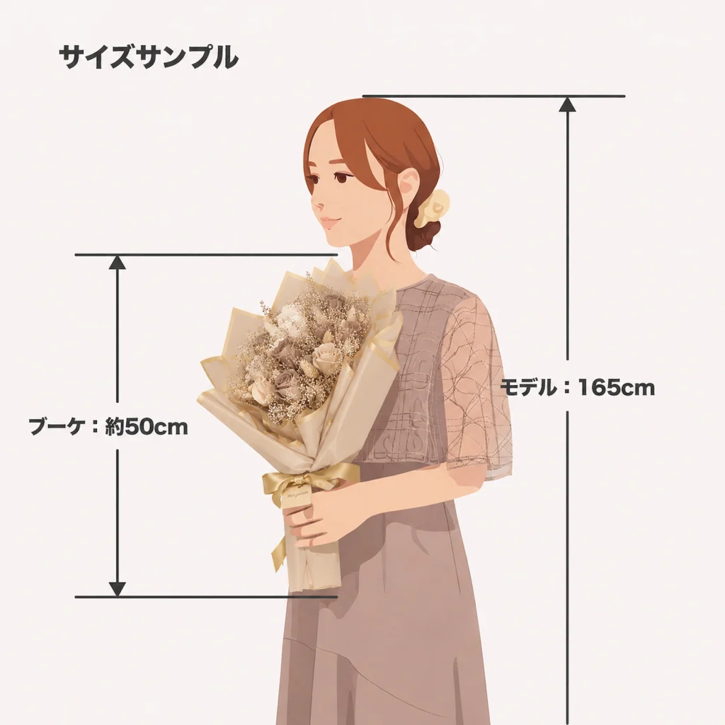 身長165cmの女性が縦約50cmのトープカラーのプロポーズブーケを持つサイズ比較イラスト