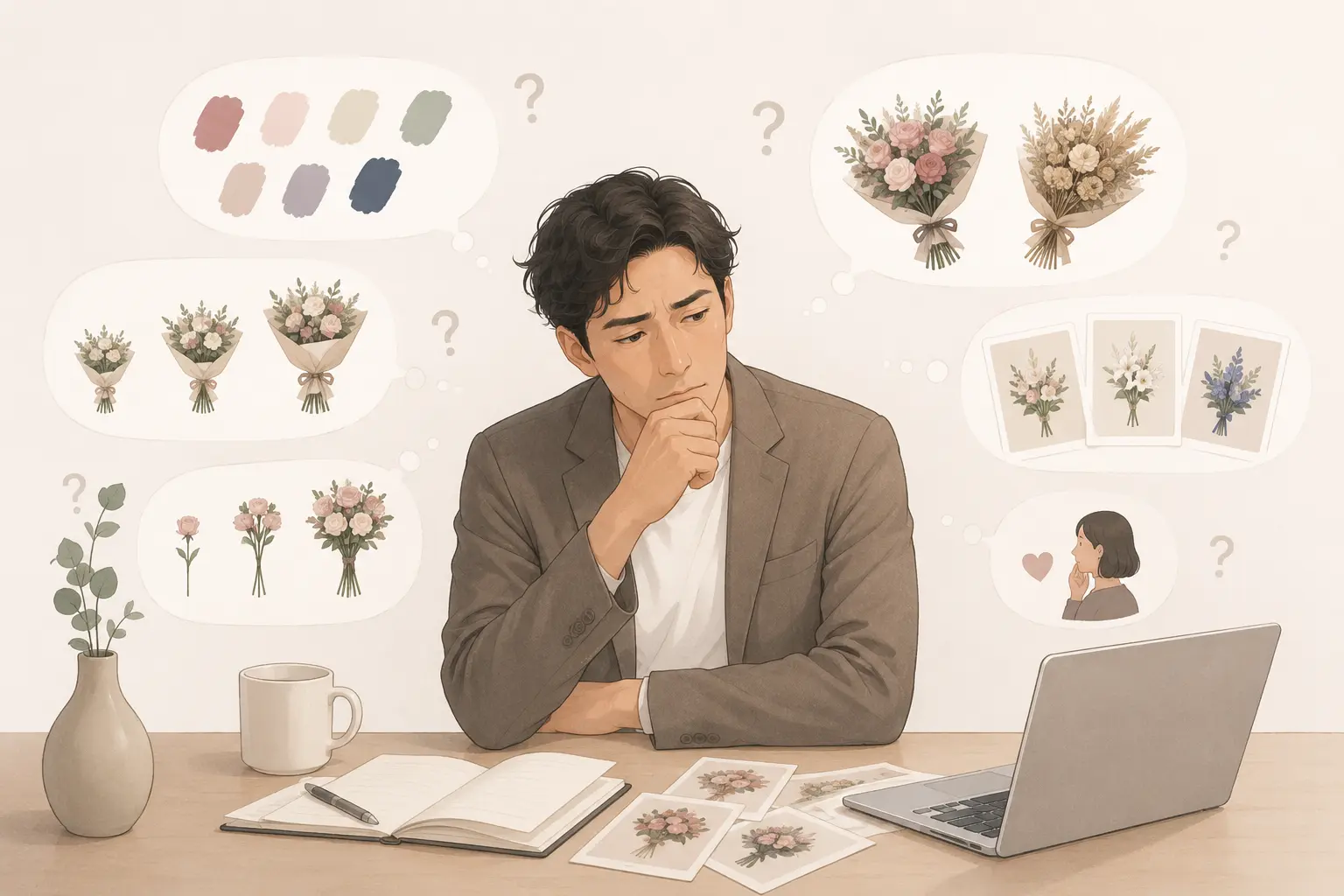 ブーケ選びで迷い、どれを選べばよいか悩む男性のイラスト