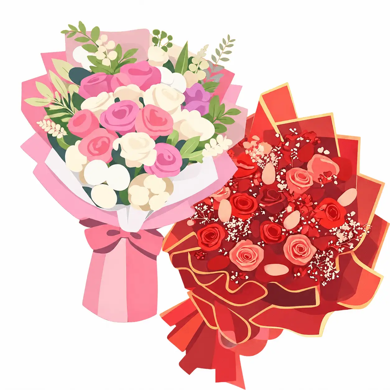 ブーケの好みの雰囲気に関するアンケート用のピンク系と赤系の花束イラスト