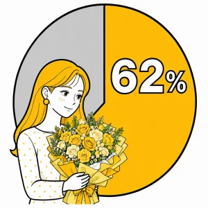 二人きりのときや人目につきにくい形でブーケを渡してほしい人が62％であることを示す円グラフと、花束を抱える女性のイラスト