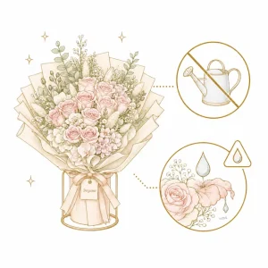 プリザーブドフラワーは水やり不要で、直射日光と湿気を避けることを示したイラスト