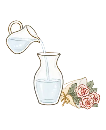 花瓶に水を注ぎ、隣に生花のバラの花束を置いたイラスト