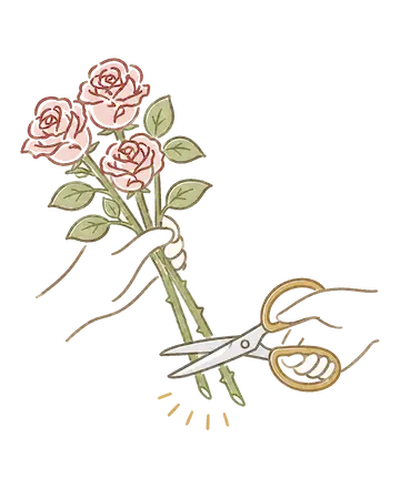 生花のバラの茎をハサミで切り直すイラスト