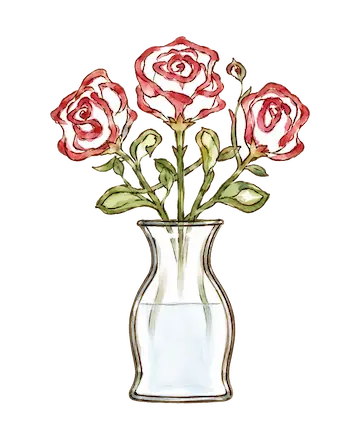 水を入れた花瓶に生花のバラを生けたイラスト