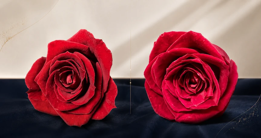 プロポーズ花束の生花とプリザーブドフラワーを比較する、赤いバラ2輪のバナー画像
