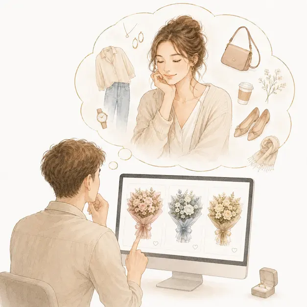 相手の女性の服や小物を思い浮かべながら、オンラインでプロポーズ用の花束を選ぶ男性のイラスト