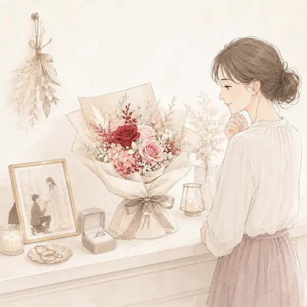 飾ったプリザーブドフラワーの花束を見つめ、プロポーズの思い出を長く残せることを表現したイラスト