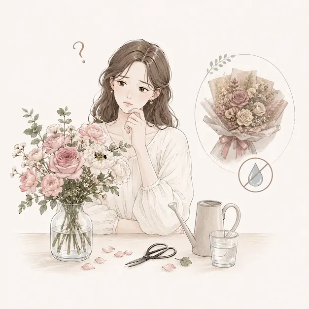花瓶の生花を前に、お手入れ方法に迷う女性と、水やり不要のプリザーブドフラワーを示したイラスト