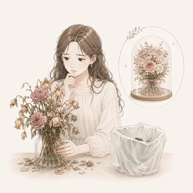 しおれた花束を前に処分をためらう女性と、長く飾れるプリザーブドフラワーを対比したイラスト