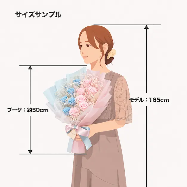身長165cmの女性が縦約50cmのコットンキャンディのプロポーズブーケを持つサイズ比較イラスト