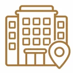 ホテルやレストランへの配送を示す建物と位置ピンのミニマルアイコン