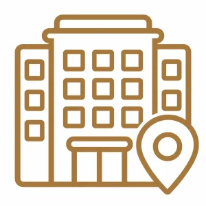 ホテルやレストランへの配送を示す建物と位置ピンのミニマルアイコン